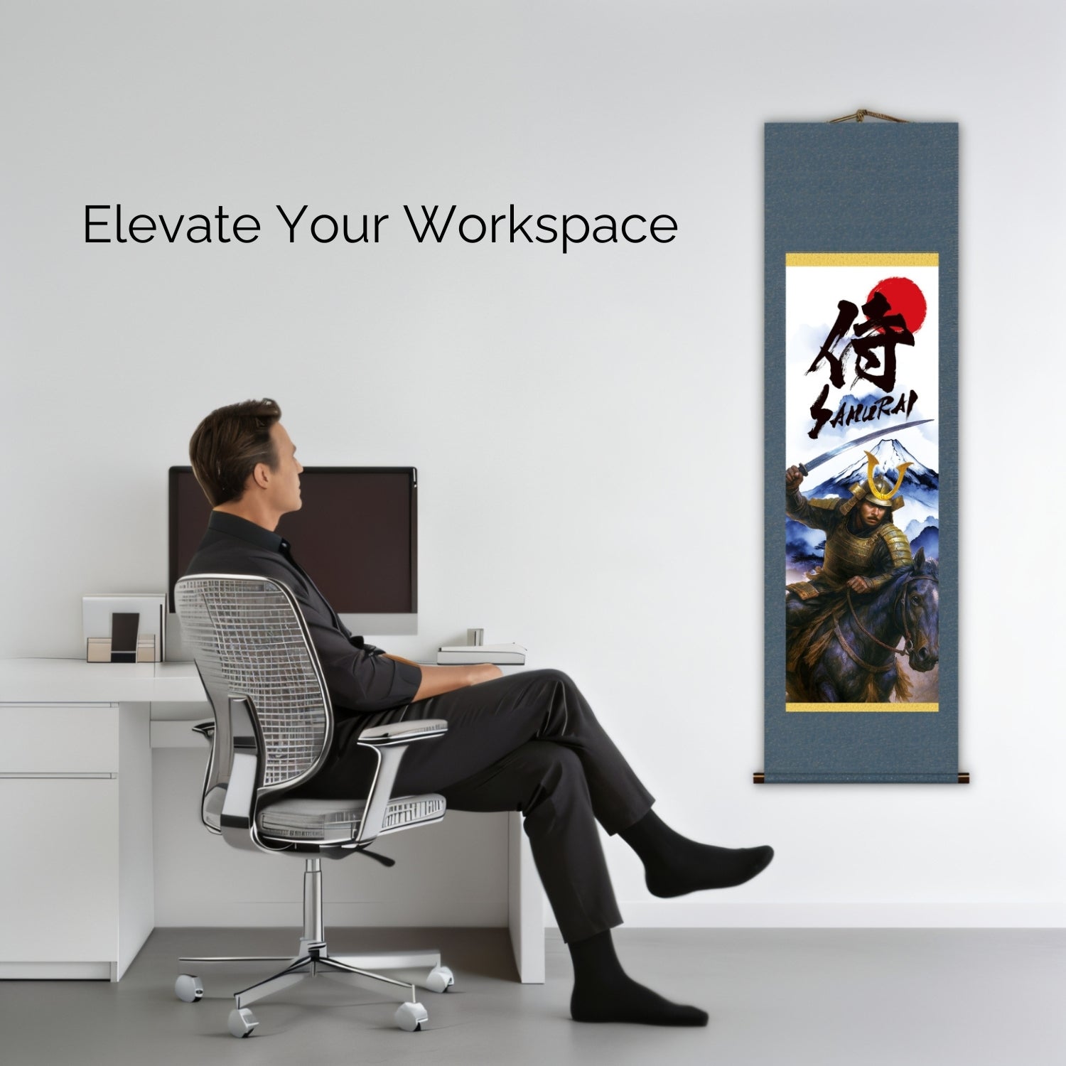 Japanisches Samurai Kakemono Wandbild – Samurai mit Schwert und Mount Fuji montiert