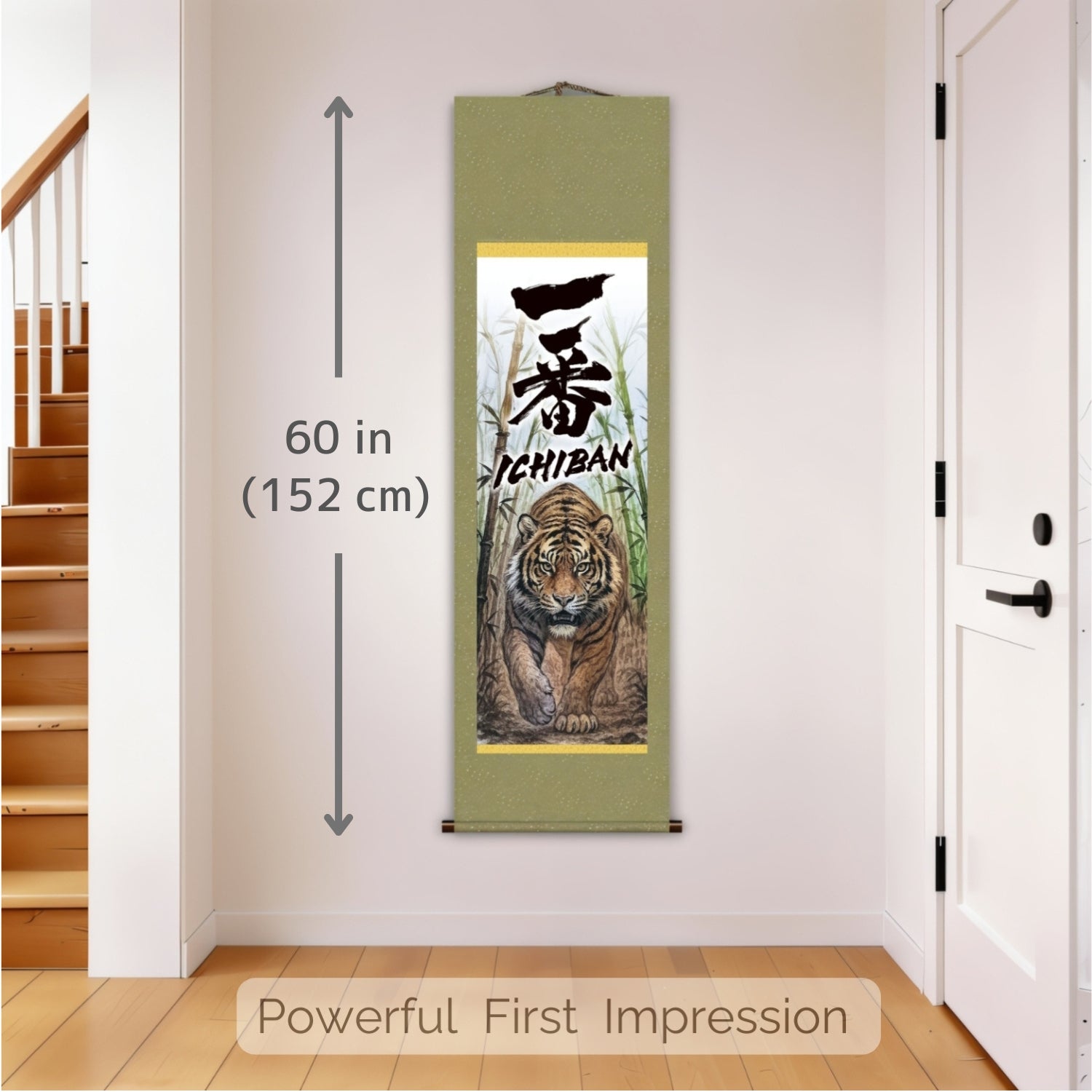Japanischer Ichiban Tiger Kakemono Wandbehang – Laufender Tiger im Bambus