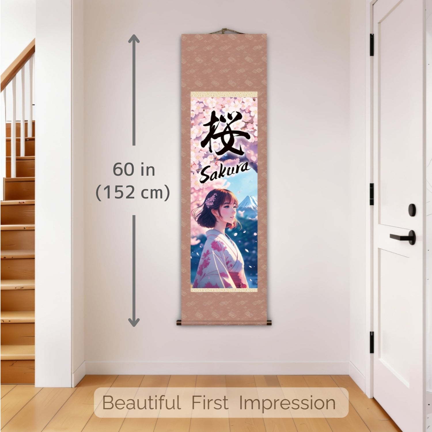 Japanisches Anime Sakura Kakemono Wandbild – Kimono-Frau mit dem Berg Fuji
