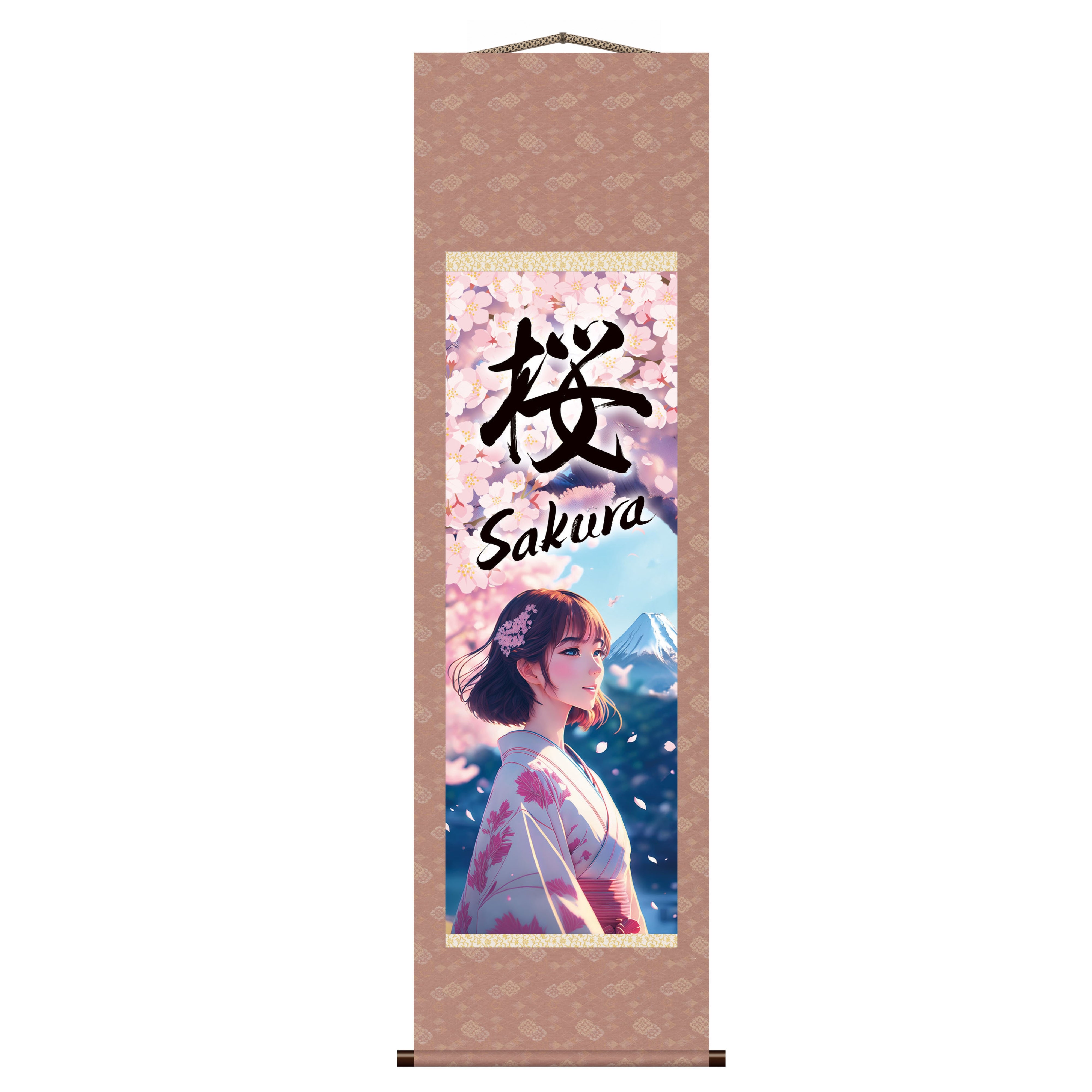 Japanisches Anime Sakura Kakemono Wandbild – Kimono-Frau mit dem Berg Fuji