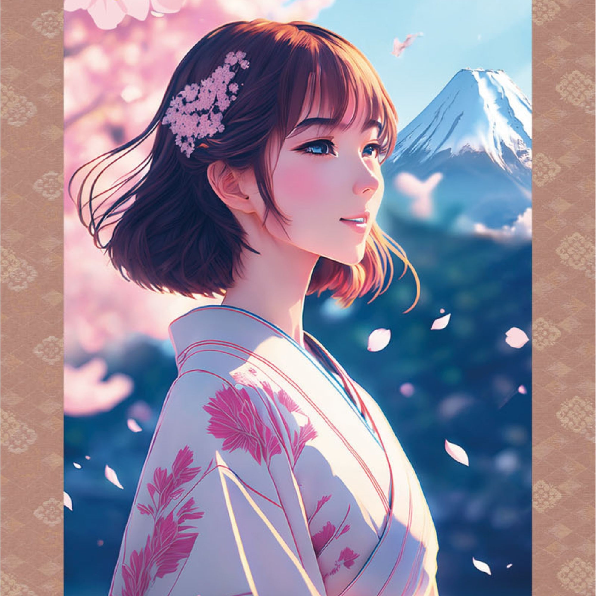 Japanisches Anime Sakura Kakemono Wandbild – Kimono-Frau mit dem Berg Fuji