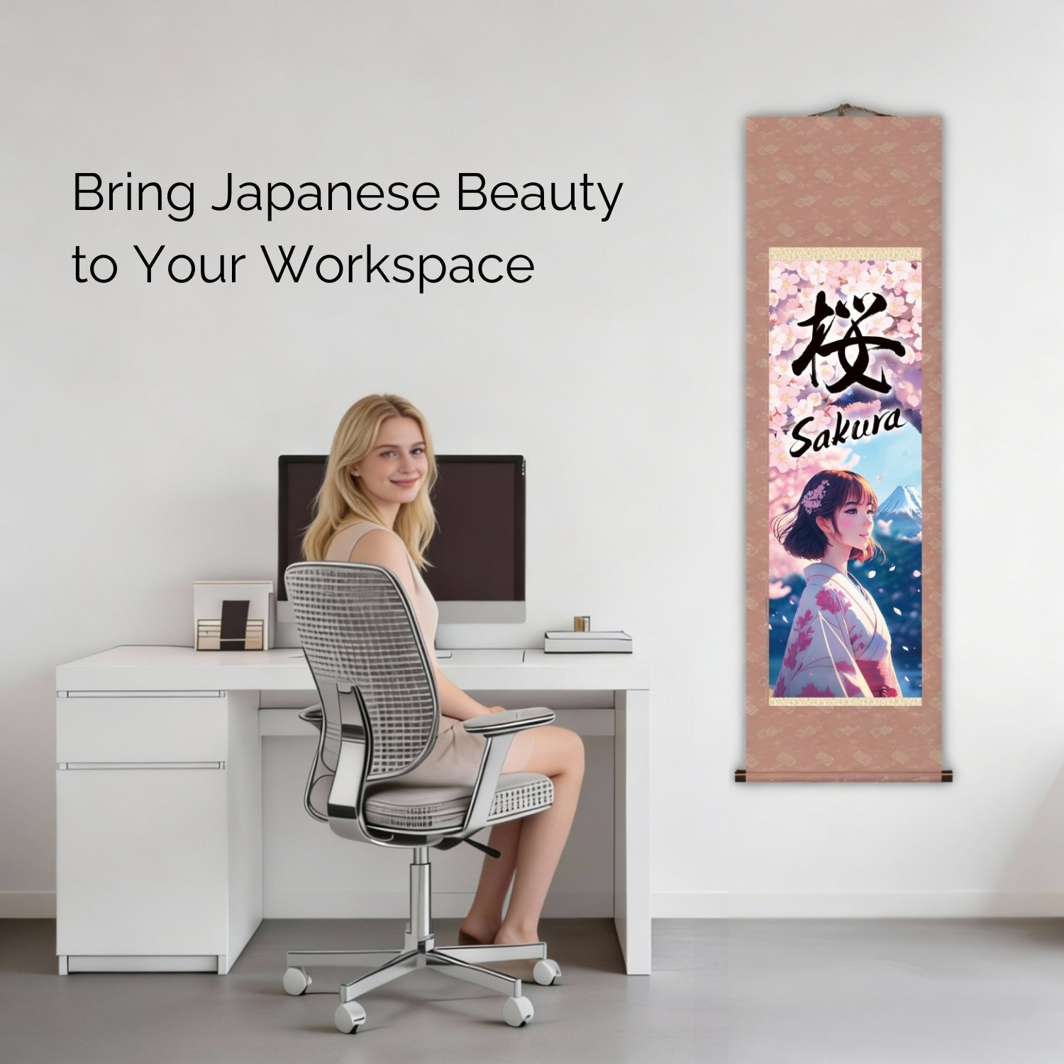Japanisches Anime Sakura Kakemono Wandbild – Kimono-Frau mit dem Berg Fuji