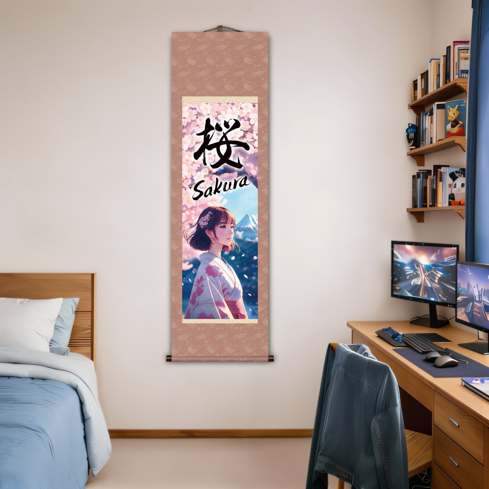 Japanisches Anime Sakura Kakemono Wandbild – Kimono-Frau mit dem Berg Fuji
