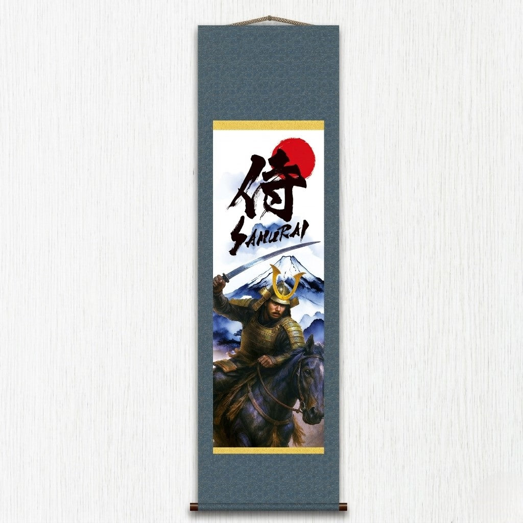Kakemono mural samouraï japonais – Samouraï monté avec épée et Mont Fuji 
